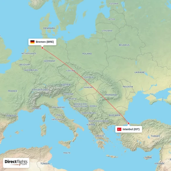 Istanbul - Bremen direct flight map