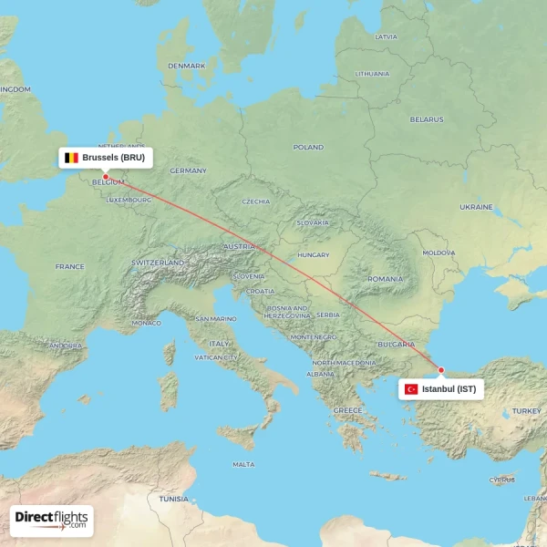 Istanbul - Brussels direct flight map