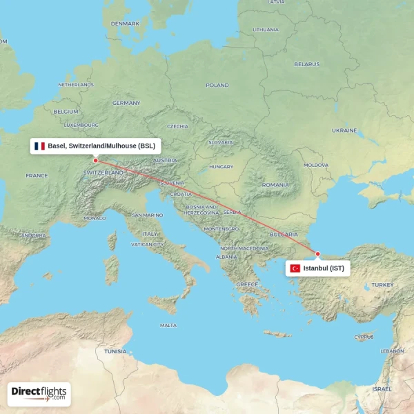 Istanbul - Basel, Switzerland/Mulhouse direct flight map