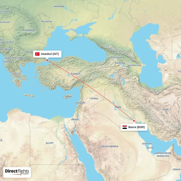 Istanbul - Basra direct flight map