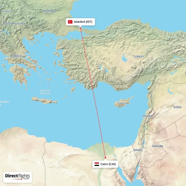 Istanbul - Cairo direct flight map