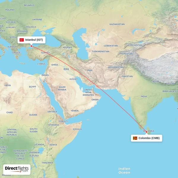 Istanbul - Colombo direct flight map