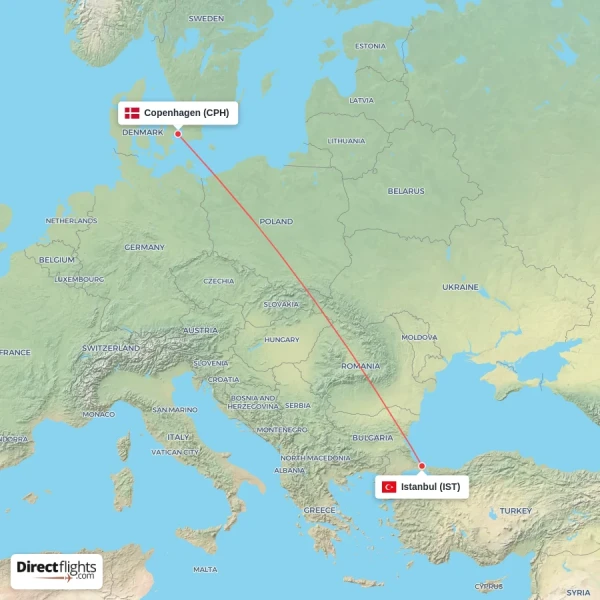 Istanbul - Copenhagen direct flight map