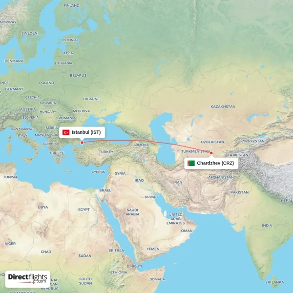 Istanbul - Chardzhev direct flight map