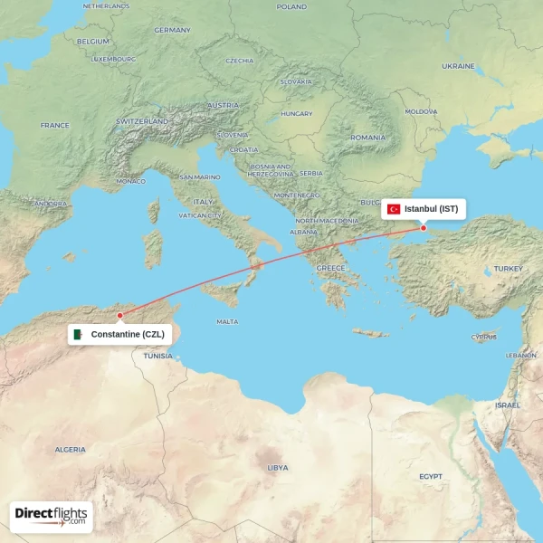 Istanbul - Constantine direct flight map