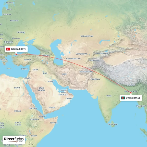 Istanbul - Dhaka direct flight map