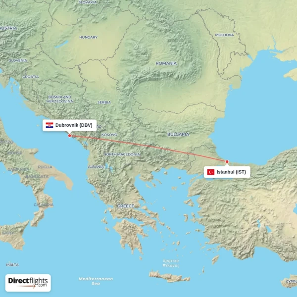 Istanbul - Dubrovnik direct flight map