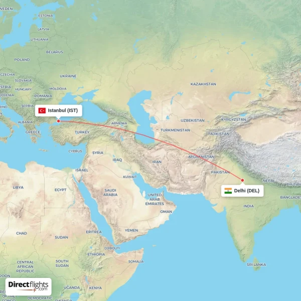 Istanbul - Delhi direct flight map