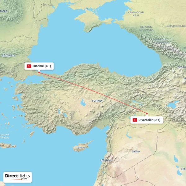 Istanbul - Diyarbakir direct flight map