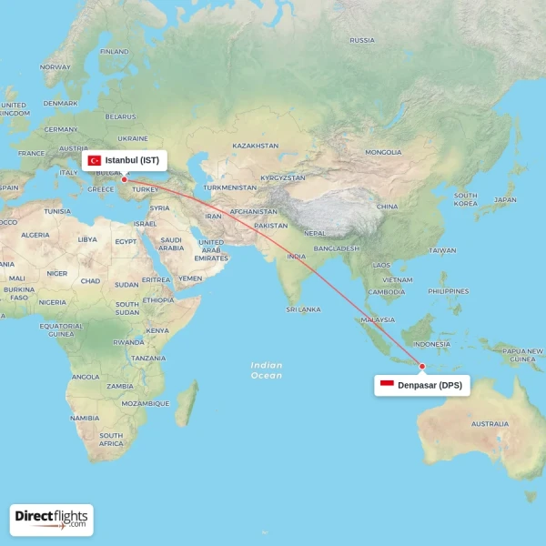Istanbul - Denpasar direct flight map