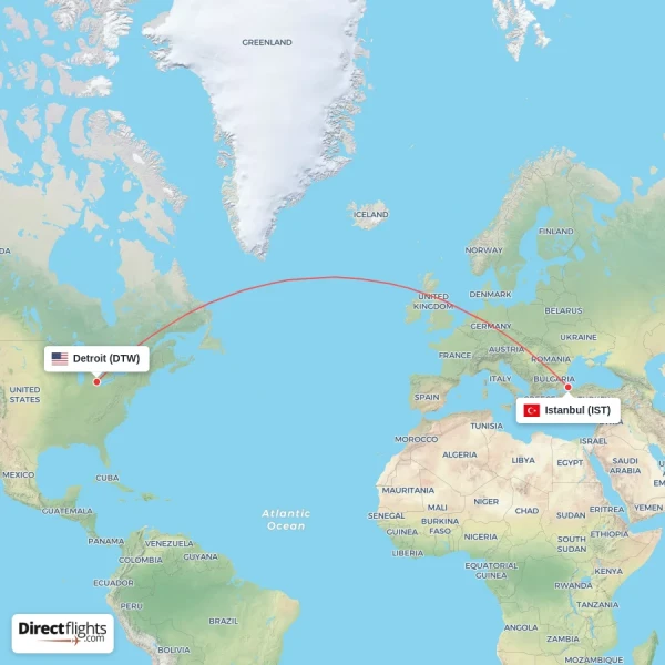Istanbul - Detroit direct flight map