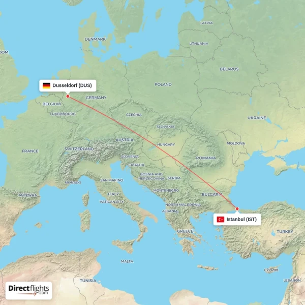 Istanbul - Dusseldorf direct flight map