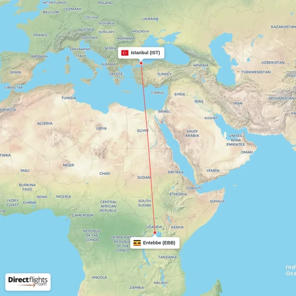 Istanbul - Entebbe direct flight map