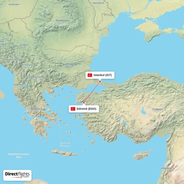 Istanbul - Edremit direct flight map