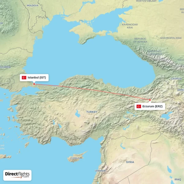Istanbul - Erzurum direct flight map