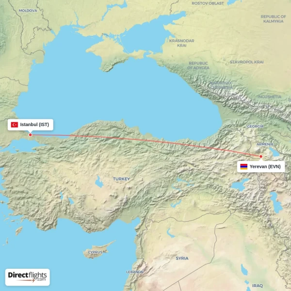Istanbul - Yerevan direct flight map