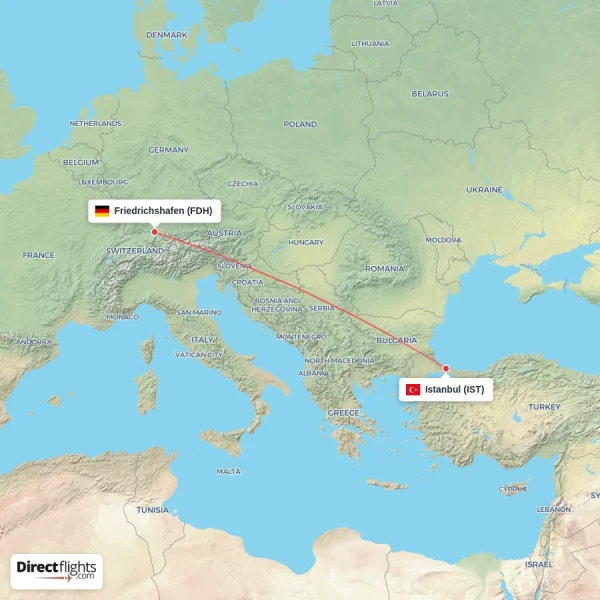 Istanbul - Friedrichshafen direct flight map