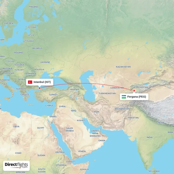 Istanbul - Fergana direct flight map