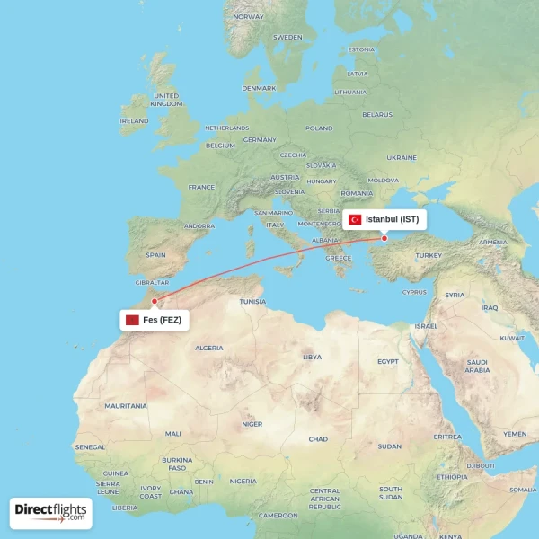 Istanbul - Fes direct flight map