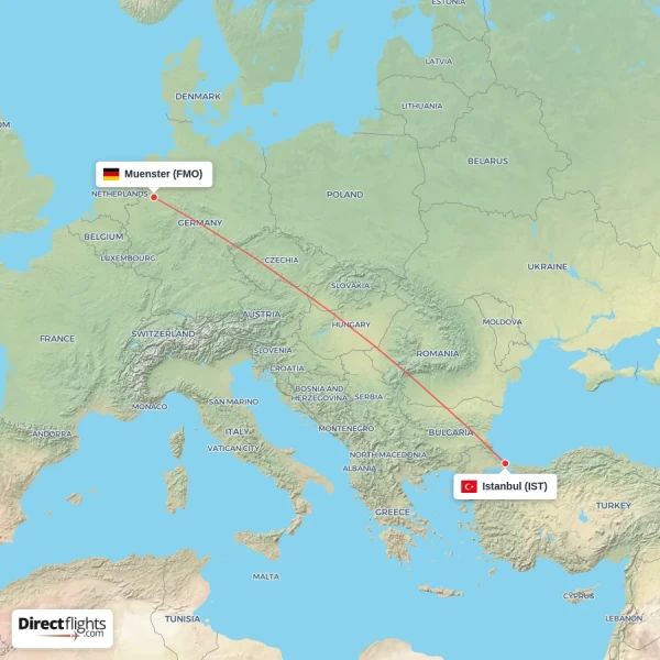 Istanbul - Muenster direct flight map