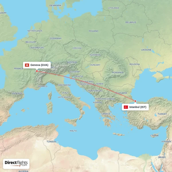 Istanbul - Geneva direct flight map
