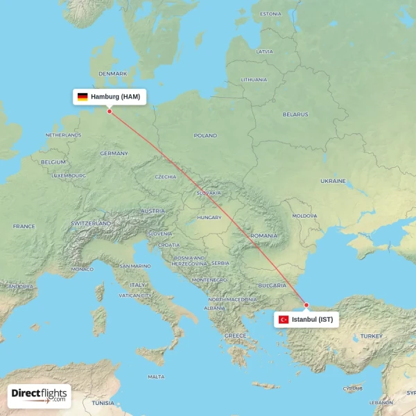 Istanbul - Hamburg direct flight map