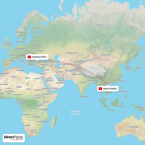 Istanbul - Hanoi direct flight map
