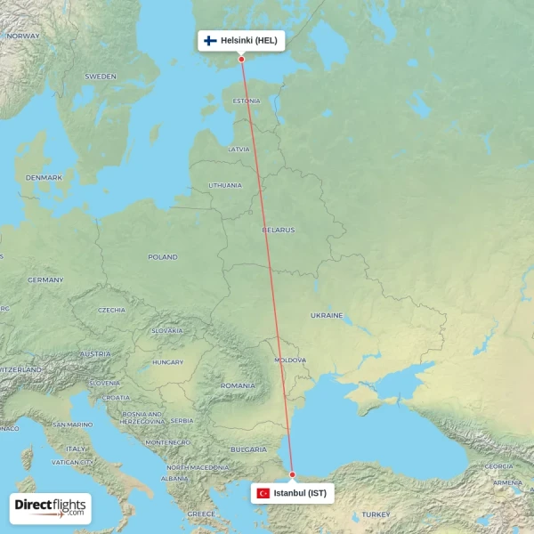 Istanbul - Helsinki direct flight map