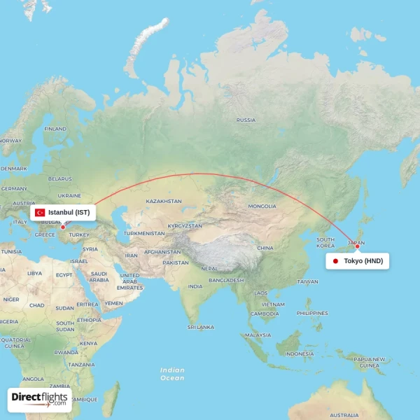 Istanbul - Tokyo direct flight map