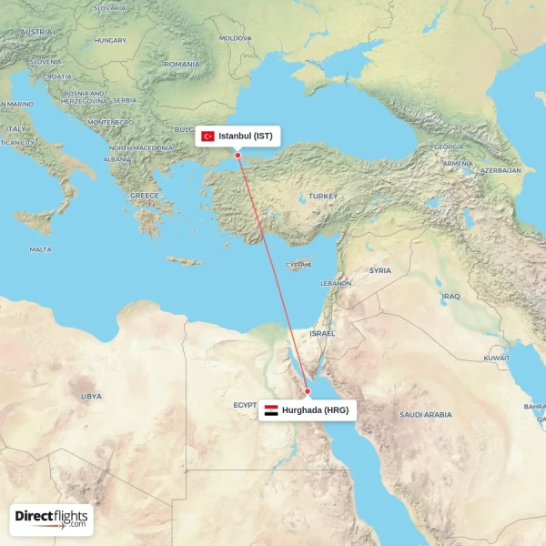 Istanbul - Hurghada direct flight map