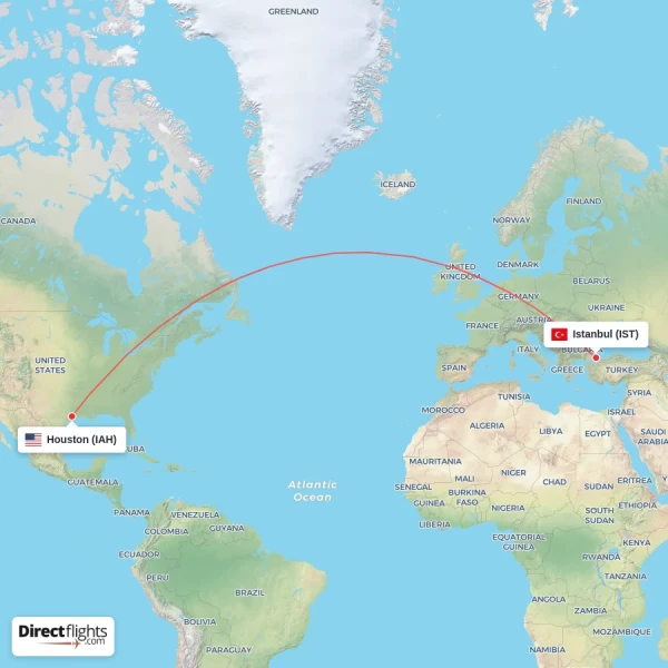 Istanbul - Houston direct flight map