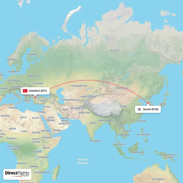 Istanbul - Seoul direct flight map