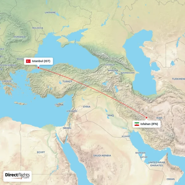 Istanbul - Isfahan direct flight map