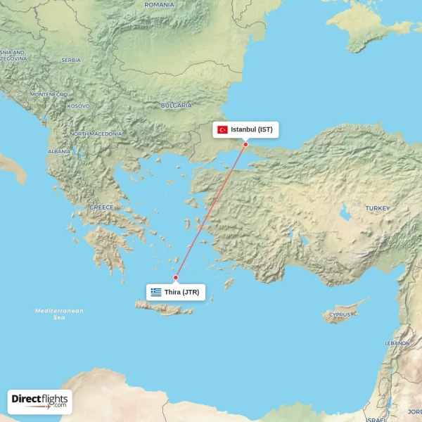 Istanbul - Thira direct flight map