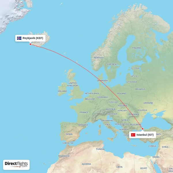 Istanbul - Reykjavik direct flight map