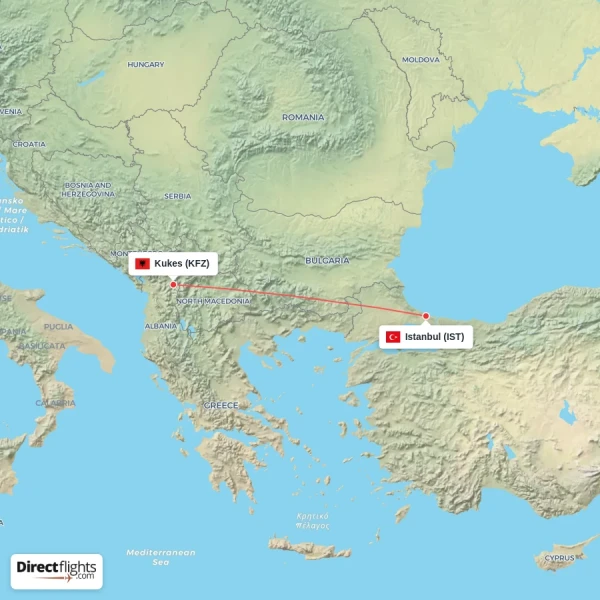 Istanbul - Kukes direct flight map