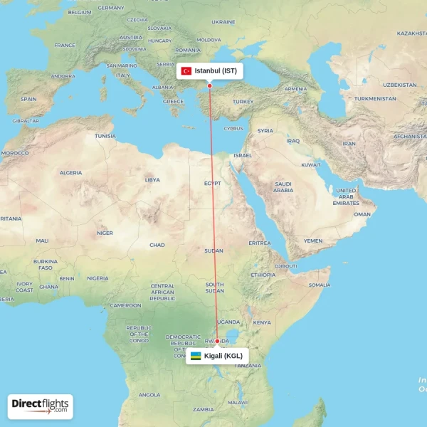 Istanbul - Kigali direct flight map