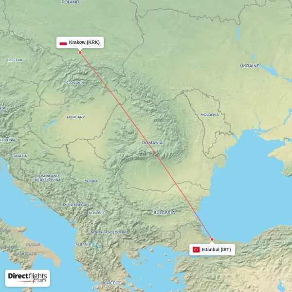 Istanbul - Krakow direct flight map