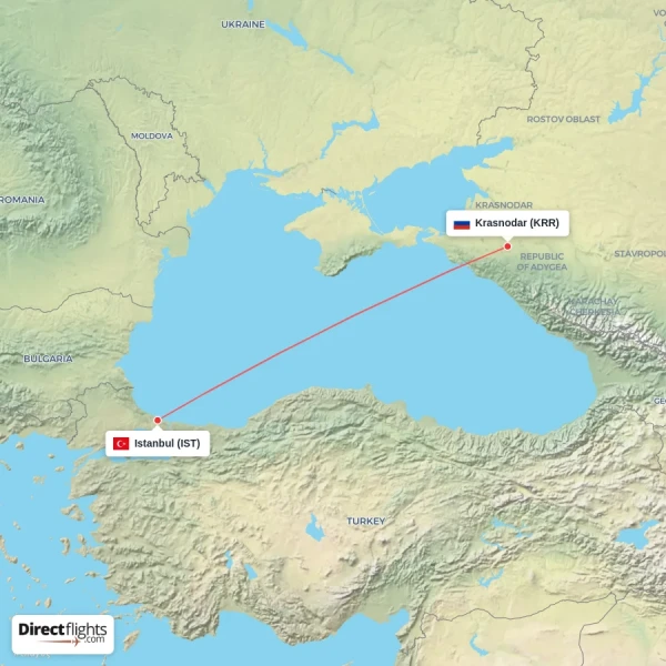 Istanbul - Krasnodar direct flight map