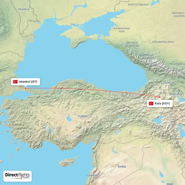 Istanbul - Kars direct flight map