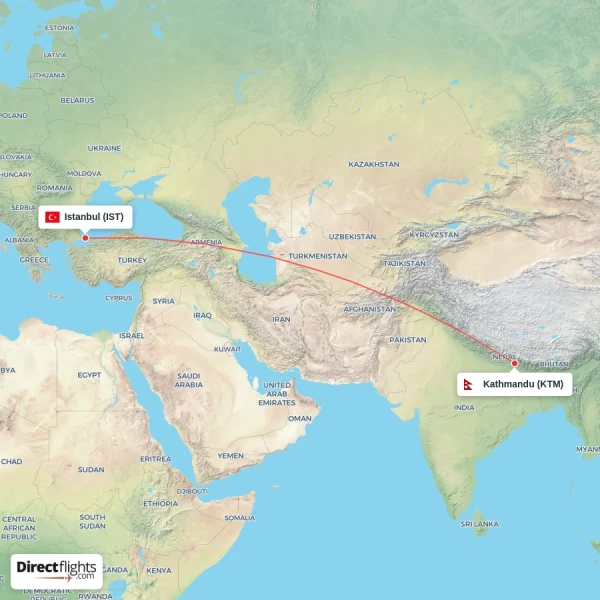 Istanbul - Kathmandu direct flight map