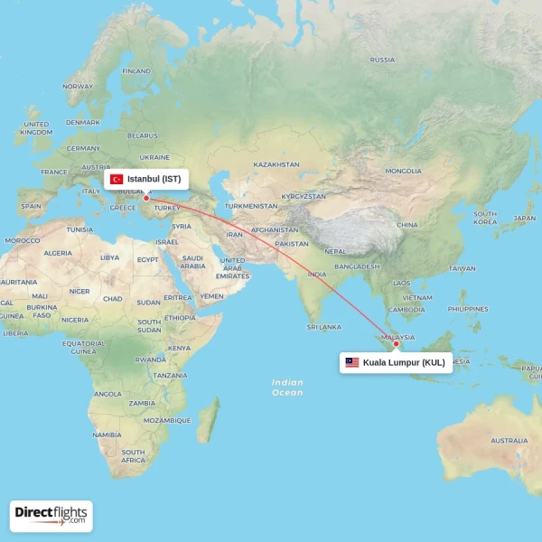 Istanbul - Kuala Lumpur direct flight map