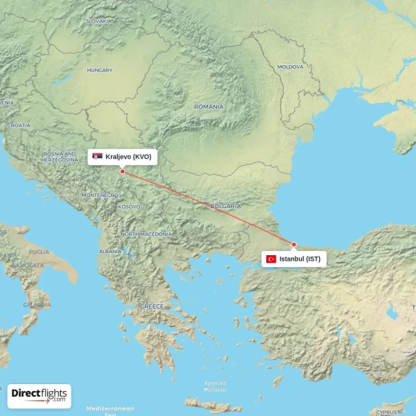 Istanbul - Kraljevo direct flight map