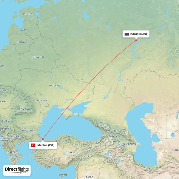 Istanbul - Kazan direct flight map