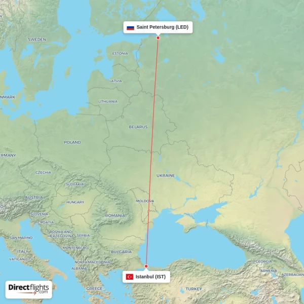 Istanbul - Saint Petersburg direct flight map