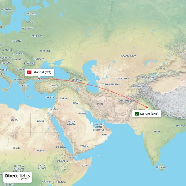 Istanbul - Lahore direct flight map