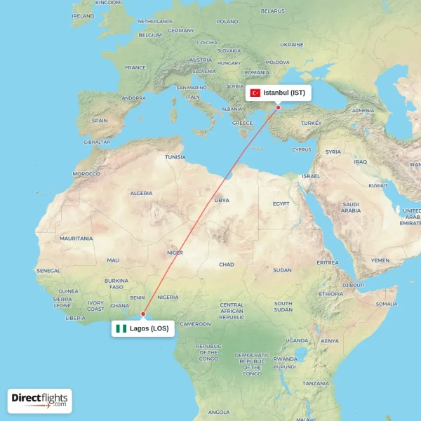 Istanbul - Lagos direct flight map