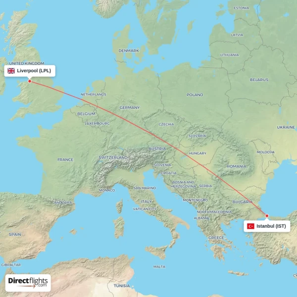 Istanbul - Liverpool direct flight map