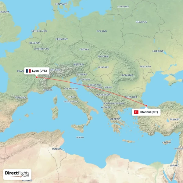 Istanbul - Lyon direct flight map