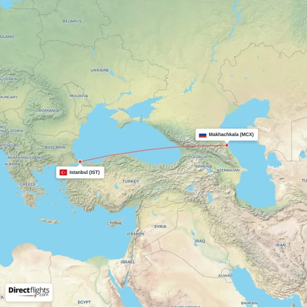 Istanbul - Makhachkala direct flight map
